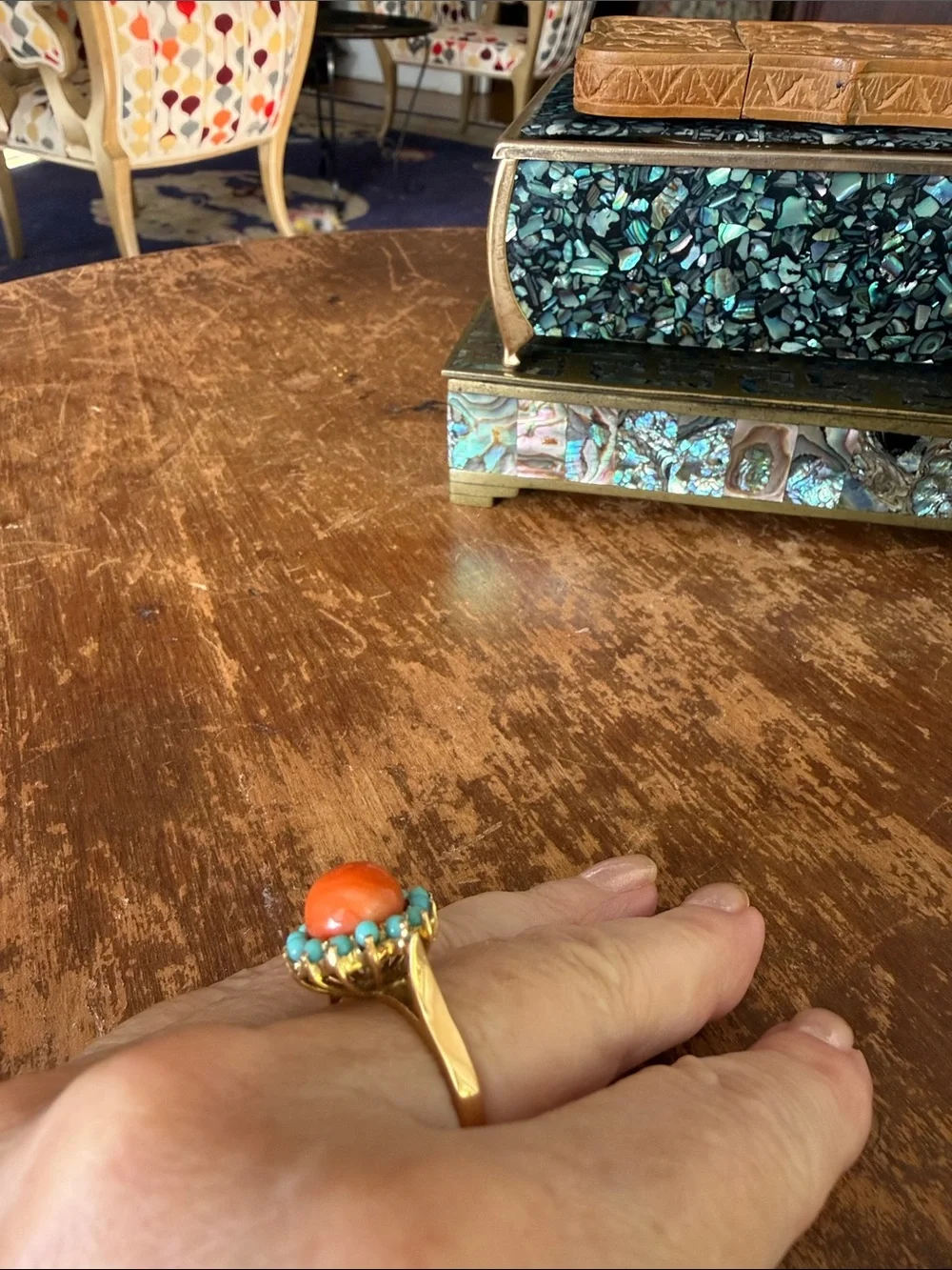Vintage 14K Gold Sunburst ☀️Ring with Coral Center and Turquoise Halo
